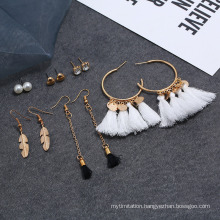 Fashion Tassel Ear Set Feather Drop 6 Pairs Stud Earrings Set